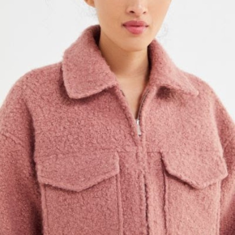 UO Pink Teddy Zip-Front Trucker Jacket